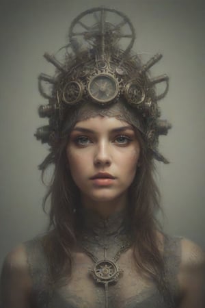 Graphic_art image prompt: Create an image of an individual wearing detailed steampunk headgear composed of metallic parts including tubes and gears, featuring a prominent circular gauge on the side. The color palette should consist of muted greys and browns for an industrial feel, with attention focused on the intricacy of the headgear against a blurred background.
