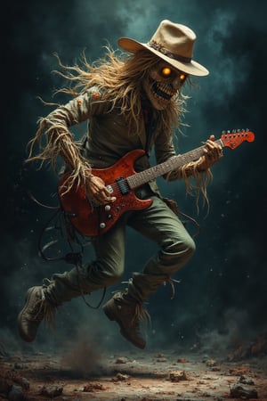 "A scarecrow on a music stage, playing an electric guitar and jumping in the air, in a gloomy setting with maroon and olive green colors.",

"style": "Dark and gloomy style",
"technique": "Use of expressive and dynamic brushstrokes, with a focus on texture and lighting.",
"colors": "Maroon, olive green, dark blue",
"details": "The scarecrow has an expression of passion and energy, with eyes that shine with an intensity that is contagious. The guitar is a tool of expression for the scarecrow, who plays it with an intensity and passion that is palpable. The setting is gloomy and dark, with shadows that create an effect of mystery and tension.",
"lighting": "The lighting is dramatic and expressive, with light and shadow that highlights the scarecrow's figure and the gloomy atmosphere. The maroon and olive green colors create an effect of complementarity and harmony."