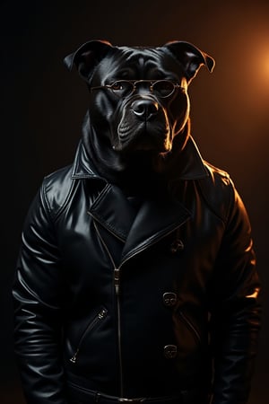 Create an image of a large, muscular black dog with glossy fur, styled as an anthropomorphic figure wearing a fitted black leather jacket and sophisticated gold-rimmed glasses. The setting should have low-key lighting that casts dramatic shadows while highlighting the contours of the muscular structure, along with an element of warm amber light suggesting sunlight from above right angle for contrast against a predominantly dark background.
