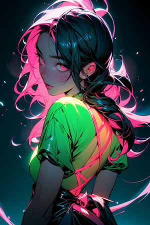 Create an image of a person seen from behind with long hair cascading down their back, illuminated by a multitude of intertwined neon lights in pink, blue, yellow, green, and orange hues. The setting is against a dark background to enhance the vibrancy of the neon colors. Ensure that the face remains unrecognizable to maintain privacy.

