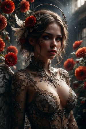 woman dressed in sensual lace costume, amazing octane representation, thick powder brown tones, silver halo, sexy woman, inirico angel face, red hood, hyper realistic concept art, flower,