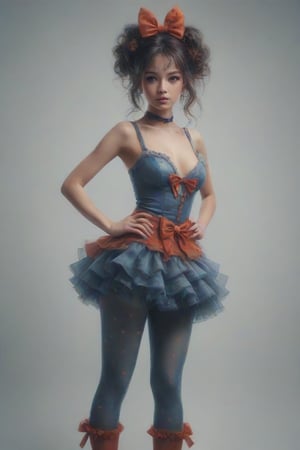 Create an ethereal image of a young, sensual and very sexy woman, displaying an extravagant costume with layered ruffles and polka dots in shades of blue and red. Includes detailed hair styled in vibrant orange-red buns on each side, finished with a matching bow, and printed leggings that complement the overall color palette of the outfit. Add a subtle watermark signature to the bottom right corner that says "Richard T."