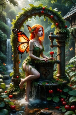 Create an image featuring a delicate fairy with bright orange hair and butterfly-like wings sitting on an antique water pump surrounded by lush greenery and dangling red cherries. Include details such as water flowing from the pump and ensure the atmosphere conveys a sense of enchantment.
