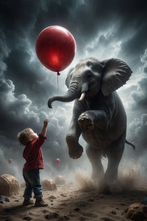 Create an image featuring an elephant with textured grey skin balancing on a large circus ball in motion against an ominous swirling sky backdrop. Include a small child in blue and red attire holding onto a red balloon while balancing on the elephant's trunk, and add in mid-air suspension of what appears to be a golden retriever puppy adding dynamic action to the scene.
