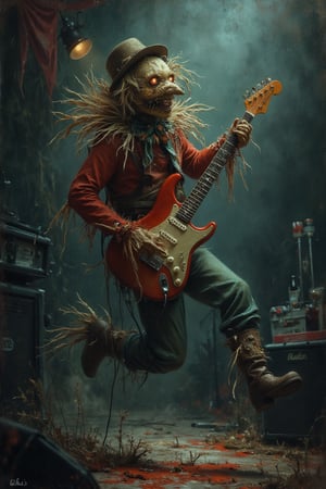 "A scarecrow on a music stage, playing an electric guitar and jumping in the air, in a gloomy setting with maroon and olive green colors.",

"style": "Dark and gloomy style",
"technique": "Use of expressive and dynamic brushstrokes, with a focus on texture and lighting.",
"colors": "Maroon, olive green, dark blue",
"details": "The scarecrow has an expression of passion and energy, with eyes that shine with an intensity that is contagious. The guitar is a tool of expression for the scarecrow, who plays it with an intensity and passion that is palpable. The setting is gloomy and dark, with shadows that create an effect of mystery and tension.",
"lighting": "The lighting is dramatic and expressive, with light and shadow that highlights the scarecrow's figure and the gloomy atmosphere. The maroon and olive green colors create an effect of complementarity and harmony."