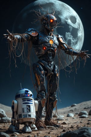 "A robot scarecrow in a lunar field, with R2-D2 at his side.", in the background a ((("Scarecrow Futuristic" logo))(

"style": "Futuristic and technological style",
"technique": "Use of expressive and dynamic brush strokes, with a focus on texture and lighting.",
"colors": "Dark and metallic colors, with a color palette: Black, gray, dark blue, silver",
"details": "The robot scarecrow has a futuristic and technological appearance, with lights and screens flashing on its body. R2-D2 stands next to it, looking up at the scarecrow with curiosity. The moon is in the background, looking desolate and empty.",
"lighting": "The lighting is dramatic and expressive, with light and shadow highlighting the figure of the robot scarecrow and the lunar atmosphere."