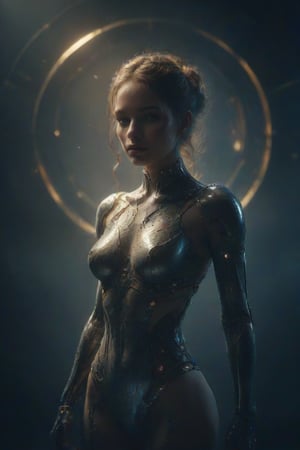 Creates an image of a very sensual and sexy robot woman standing on a dark blue background with a 
Metallic futuristic suit with light and dark glitter effects, shiny silver shoes and multiple gold necklaces.