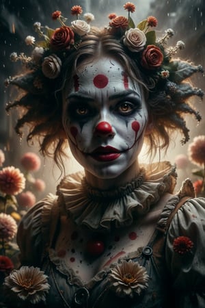 woman dressed in clown costume, amazing octane rendering, brown tones of thick dust, silver halo, santa, black clown face, light hood, hyper realistic concept art, flowers,