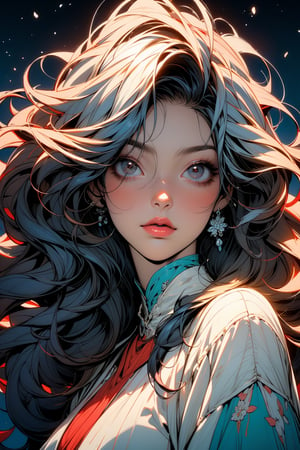Create an illustration of a character with long wavy hair featuring a striking color palette that includes white, blue, and red tones. The hairstyle should flow naturally and give a sense of movement. Include intricate details that capture the texture and sheen of the hair strands.
