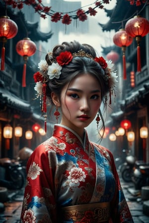 "Create an image of a person wearing a traditional Asian garment richly decorated with floral and dragon patterns in red, blue, white, and grey colors. Include an elaborate hairstyle adorned with decorative hairpins and strings of beads against the backdrop of a softly blurred urban street scene featuring hanging lanterns."
