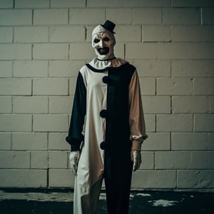 street photography of a slim artclown in a gore scene,  white brick wall,  soft shadows,  neutral tones,  facing forward,  slight tilt,  relaxed stance,  centered subject,  eye-level shot,  natural light,  at night,  colorful,  (fisheyes view:1.1),  shot on Canon EOS 5D Mark IV with Canon EF 24-70mm f-2.8L II 