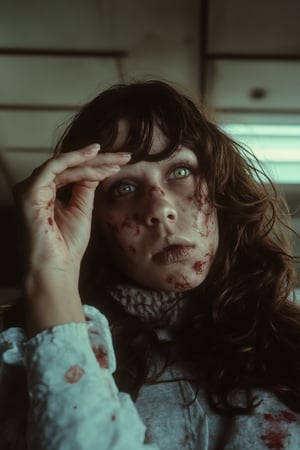 photography of exregan in a gore scene of horror,  indoor setting,  windows,  blurred room details,  head tilted,  hand raised,  playful expression,  close-up shot,  slightly angled view,  eye-level perspective,  indoor,  Monochromatic color palette,  colorful,  outdoor lighting,  hyperdetailed,  detailed freckles skin,  (from below:1.2),  shot on Nikon Coolpix P950 with Built-in 24-2000mm f-2.8-6.5,  photo by Anton Corbijn,cctv footage of a horror monster