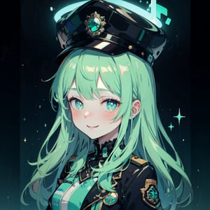 1girl, pixel, she is dressed in blue and green clothes with neon effect, glowing in the night. has an uniform hat and is smiling with blush  in cheeks.,Betty