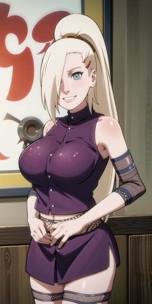 {best quality}, {{masterpiece}}, {highres}, original, extremely detailed 8K wallpaper, {an extremely delicate and beautiful},beautiful face,(((masterpiece))), ((best quality)), (((full Ino Yamanaka clothing, mini skirt))), ((fishnet on her arms)) , (((fishnet on knees))), {{pervert eyes}}, (((full smiling))), woods, {{big tits}}, perfect legs, perfect thighs,