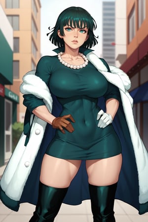 score_9, score_8_up, (detailed eyes: 1.2),((curvy body, hourglass body)),Fubuki, young woman, curvy figure, chin-length, dark green hair with a fringe styled into a bob, eyes light green. white fur coat,  ajusted dark green dress, form-fitting V-neck dress with a high collar, thigh-high black boots, white pearl necklaces, solo, eyelashes, outdoors,big breasts, thighs, angry expresion, looking at viewer, curvy, standing, bodyshot, city background, Fubuki_(One-Punch_Man)