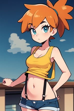 1girl, misty_(pokemon), orange_hair, denim, denim_shorts, aqua_eyes, ponytail, short_hair, side_ponytail, shirt,(masterpiece), yellow_shirt, yellow shirt, navel, suspenders, tank_top, pantsu_ripper