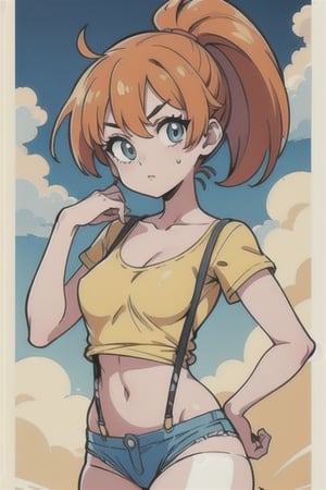 1girl, misty_(pokemon), (orange_hair), denim, denim_shorts, aqua_eyes, ponytail, short_hair, (side_ponytail), shirt,(masterpiece), (yellow_shirt), yellow shirt, navel, suspenders, red_suspenders, tank_top, (pantsu_ripper_artist:1.6), (asymmetrical_hair), centered, midriff, ((red_suspenders)), (short_suspenders), suspenders_outside_clothes, looking_at_viewer, (scrunchie:0.5), collarbone