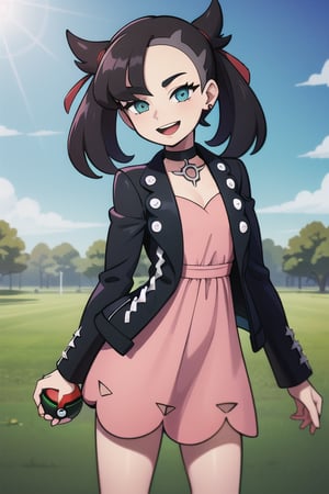 masterpiece, best quality, highres, hmmarnie, aqua eyes, black choker, red ribbon, pink dress, jewelry, black jacket, open clothes, long sleeves, , cowboy shot, standing, field, holding poke ball, poke ball \(basic\), smile, open mouth,