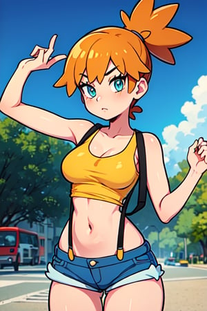 1girl, misty_(pokemon), orange_hair, denim, denim_shorts, aqua_eyes, ponytail, short_hair, side_ponytail, shirt,(masterpiece), yellow_shirt, yellow shirt, navel, suspenders, tank_top