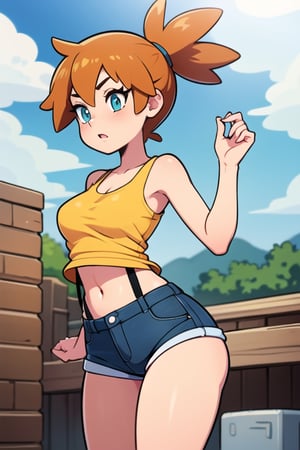 1girl, misty_(pokemon), orange_hair, denim, denim_shorts, aqua_eyes, ponytail, short_hair, side_ponytail, shirt,(masterpiece), yellow_shirt, yellow shirt, navel, suspenders, tank_top, pantsu_ripper