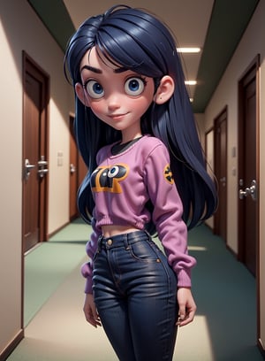 (AS-YoungerV2), 1girl, , pixar , masterpiece, best quality, 3dmm style, 3d, high quality, ultra-high details, 4k, real skin materials, (12 years: 1.4), small breasts, shy smile, looking at the viewer,
solo, VioletParr, hair over one eye, looking at viewer, (long black hair: 1.3), serious, big eyes, (light blue eyes), detailed eyes, perfect iris, (background school hallway, american style college, armed with corridor, students walking down the corridor, classroom doors), purple sweatshirt, jeans,
