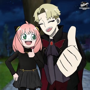 1girl,1boy,age_difference,child,((Anya_\(spy_x_family\))),(Loid_Forger_\(spy_x_family\),alternative_costume,(vampire_costume),(zombie_costume),blonde_hair,pink_hair,hallowen_bucket,hallowen,thumbs_up,makeup,outdoors,night