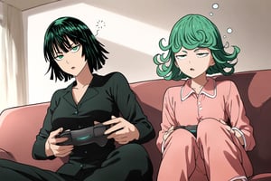 2girls,Tatsumaki,Fubuki_\(one_punch_man\),sitting,holding_game_controller,game_console,sofa,sleepy,contemporary,indoors,alternative_costumes,pajamas,(absurdres,highres,masterpiece)