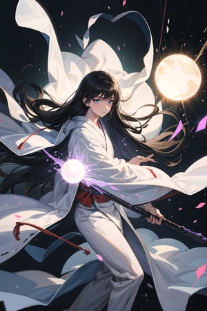 A boy with long black hair, wearing a white flowered kimono, holding a white staff with a transparent glowing orb 
