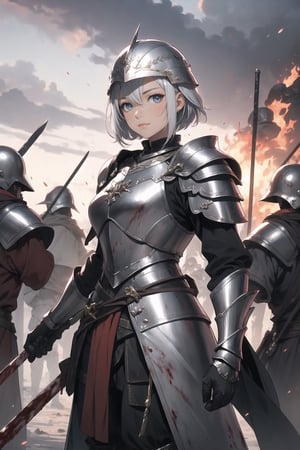 A pretty girl with short white hair, wearing silver armor and a European helmet, in a bloody battle