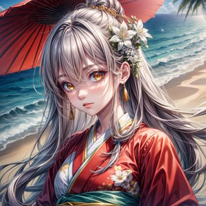 masterpiece, artwork, best quality, best performance, best artwork, best illustration, extremely detailed 8k unity CG wallpaper, a cute girl, long white hair, (intense sparkling yellow eyes glowing glowing), fair skin, beach background, she is wearing red kimono with white flowers, (portrait)