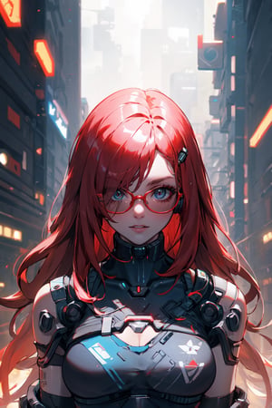 A girl wearing cyberpunk 2077 clothes long red hair, futuristic glasses on her eyes, beautiful lighting and great quality.