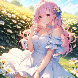 A cute girl with pink hair, lilac eyes, white skin, wearing a yellow dress, with pretty bows in her hair, field background with several daisies.