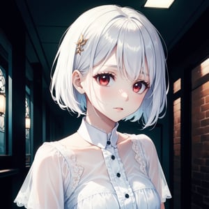 Cute girl with white short hair, wearing a pretty white lace blouse, red eyes, fair skin, portrait format. Scenery background like horror movie, global indirect lighting.