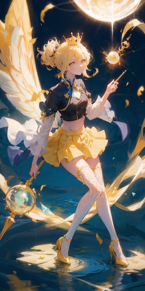 A solar fairy, with a blue crown on her head, yellow eyes, long blond hair tied up in a mary jane, wearing a yellow top, short yellow skirt, fishnet stockings, blue crystal high heels, transparent fairy wings, holding a spherical staff in a lake setting. 
