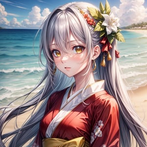masterpiece, artwork, best quality, best performance, best artwork, best illustration, extremely detailed 8k unity CG wallpaper, a cute girl, long white hair, (intense sparkling yellow eyes glowing glowing), fair skin, beach background, she is wearing red kimono with white flowers, (portrait)