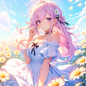 A cute girl with pink hair, lilac eyes, white skin, wearing a yellow dress, with pretty bows in her hair, field background with several daisies.