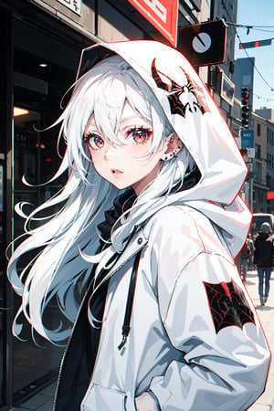 spider_oc, 1girl, long hair, wavy hair, white hair, white eyes, pale skin, hair between eyes, closed mouth, piercing, lips piercing, animification, hood, white hoodie, city, looking at viewer, solo, 