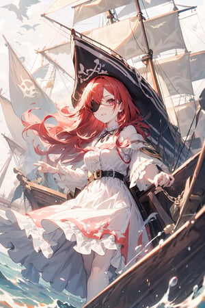 A girl wearing an eye patch, long red hair, white skin, wearing a fluffy pink dress with ruffles, pirate ship background.