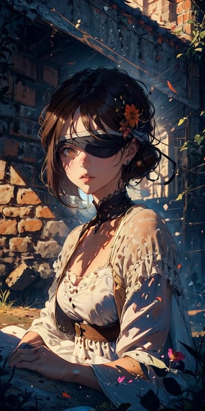 Visualize a scene from the medieval era featuring a girl with brown hair and fair skin. Her eyes are concealed by a makeshift blindfold, crafted from a piece of cloth, giving her an air of mystery. She sits on the ground in a tattered, dirty medieval dress, surrounded by the ambiance of a historical setting. Linear lighting casts dramatic shadows, adding depth to the scene and emphasizing the girl's enigmatic presence. It's a tableau that speaks of bygone times and hidden stories, inviting viewers to ponder the girl's tale in the midst of a medieval world, more_details, addDetailed, add_detail, eye_detail, eyes_betav1.,High detailed ,Flower Blindfold