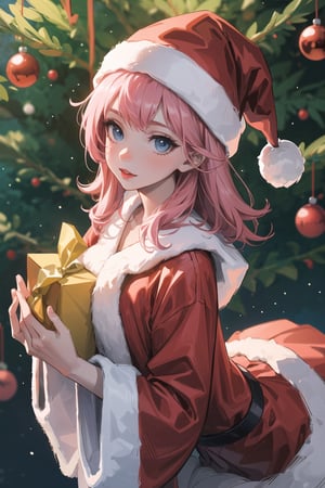 A cute girl with pink hair, blue eyes, pale skin, red lips wearing a Santa hat and Christmas clothes holding various presents in a forest with various animals around her