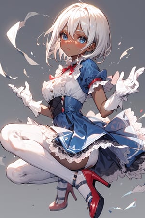 a cute girl short gray hair, dark skin, blue eyes, cute dress with ruffles and lace blue tights, red heels, white gloves, creative cute background.