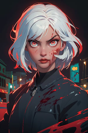 (artwork:1.3), (masterpiece:1.4), (detailed eyes:1.2), (perfect face), (cinema lighting), artistic tones, (illustrative cinematic), (pop art), (1girl) short white hair, (shimmering red detailed eyes:1.4)0.7], fair skin wearing black jacket, face facing the viewer, serious, neutral, imposing expression, gothic background, of city ​​at night, lights dim, dim, tender, (with some blood his face, near the eye, mouth, giving the scene a dramatic look:1.4)