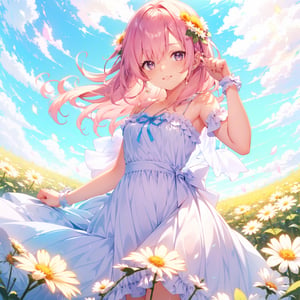 A cute girl with pink hair, lilac eyes, white skin, wearing a yellow dress, with pretty bows in her hair, field background with several daisies.