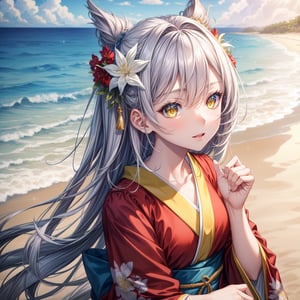masterpiece, artwork, best quality, best performance, best artwork, best illustration, extremely detailed 8k unity CG wallpaper, a cute girl, long white hair, (intense sparkling yellow eyes glowing glowing), fair skin, beach background, she is wearing red kimono with white flowers, (portrait)