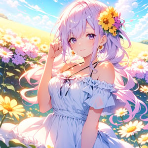 A cute girl with pink hair, lilac eyes, white skin, wearing a yellow dress, with pretty bows in her hair, field background with several daisies.