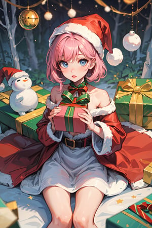 A cute girl with pink hair, blue eyes, pale skin, red lips wearing a Santa hat and Christmas clothes holding various presents in a forest with various animals around her