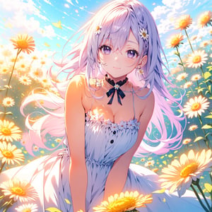 A cute girl with pink hair, lilac eyes, white skin, wearing a yellow dress, with pretty bows in her hair, field background with several daisies.