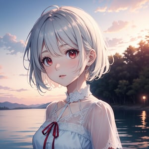 Cute girl with white short hair, wearing a pretty white lace blouse, red eyes, fair skin, portrait format. Scenery background like horror movie, global indirect lighting.
