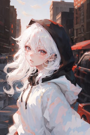 spider_oc, 1girl, long hair, wavy hair, white hair, white eyes, pale skin, hair between eyes, closed mouth, piercing, lips piercing, animification, hood, white hoodie, city, looking at viewer, solo, 