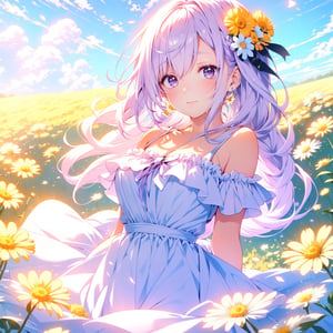 A cute girl with pink hair, lilac eyes, white skin, wearing a yellow dress, with pretty bows in her hair, field background with several daisies.